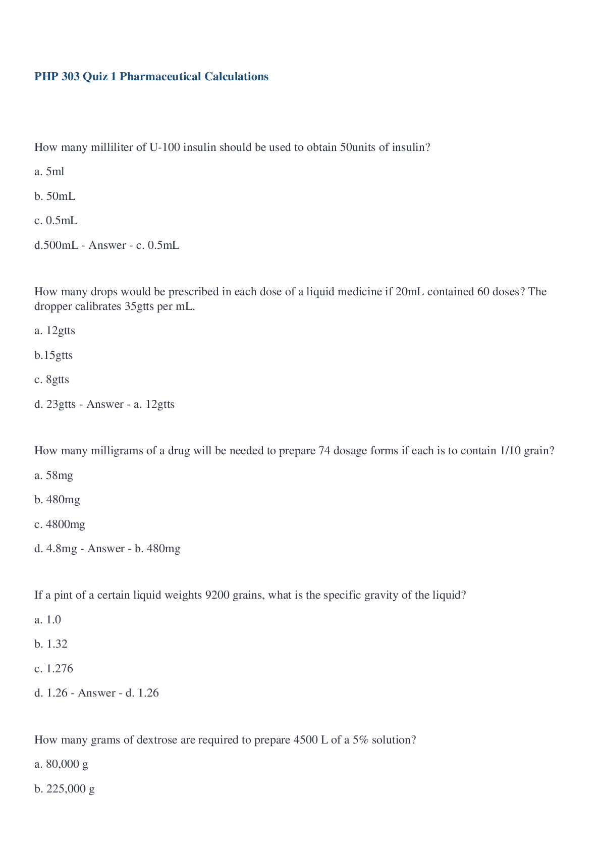 Preview of PHP 303 Quiz 1  Pharmaceutical Calculations